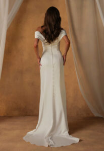 Nelson by Madi Lane Sculpted Satin Sheath Wedding Dress at Love it at Stella's Bridal Shop in Westminster Maryland
